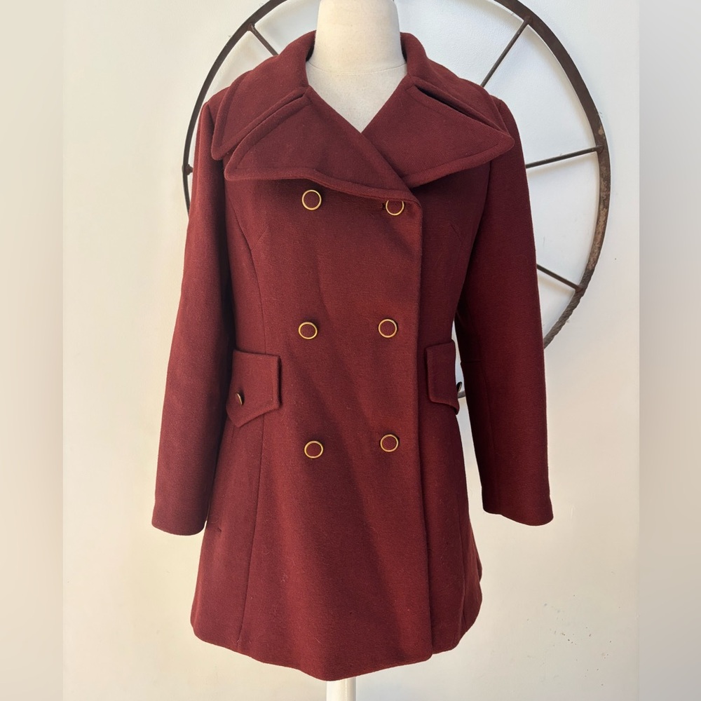 Vintage 1960s Franklin Simon New York Burgundy red wool double breasted pea coat